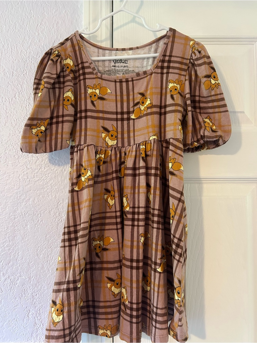 Pokemon Eevee Plaid Puff-Sleeve Kids Dress - Brown